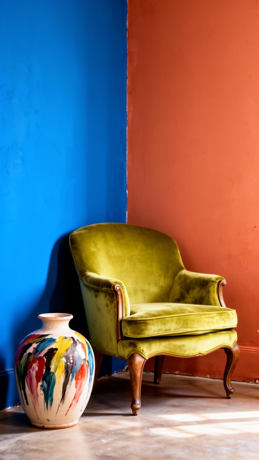 Farveklodset interiør med kobaltblå og terracotta vægge